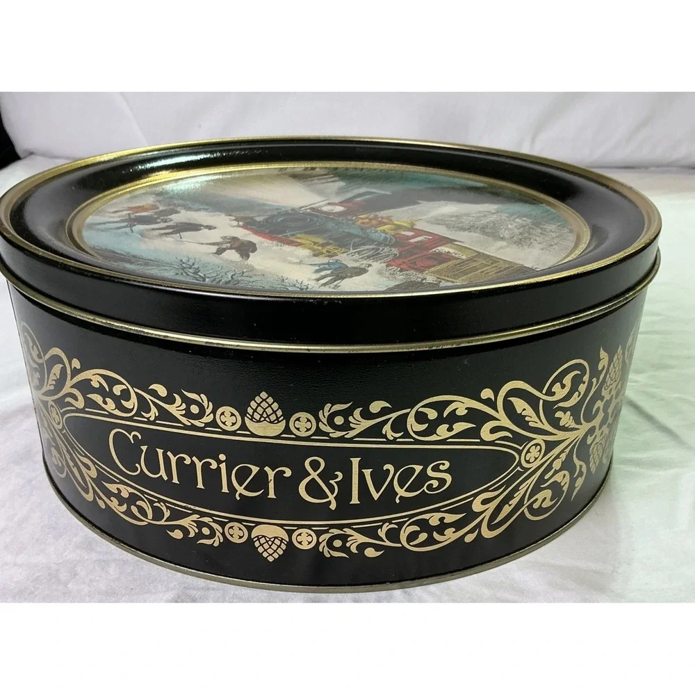 Vintage‎ Currier & Ives Snow Bound Railroad Scene Large Round Cookie Tin 10.5